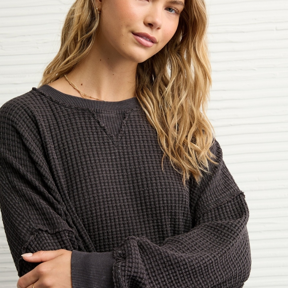 American Eagle Outfitters Charcoal Waffle Knit Sweatshirt